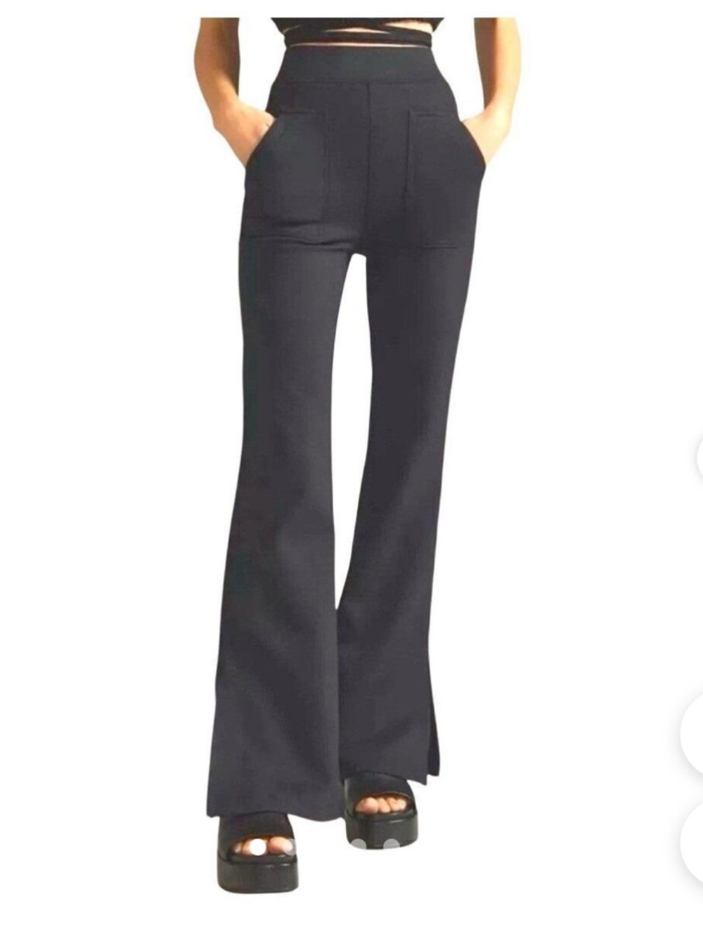 Maeve Black High-Rise Flared Trousers with Front Pockets